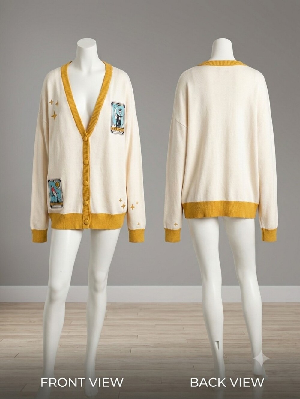 Disney " Star Cross Lovers" Cream Cardigan with Mustard Trim and Tarot Patches
